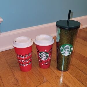 2019 Starbucks Green Holiday Tumbler sz. 24 fl.oz. & Reusable Holiday Cu…